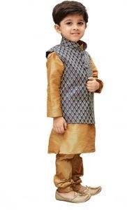 Elegant traditional Indian boy attire featuring a gold kurta, complemented by a blue and gold patterned vest, perfect for festive occasions or family celebrations.