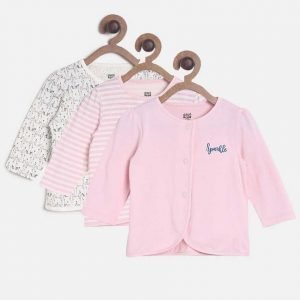 Baby girl pajamas set with pink, striped, and patterned shirts on wooden hangers, perfect for spring and summer sleepwear, from Sale is Live.