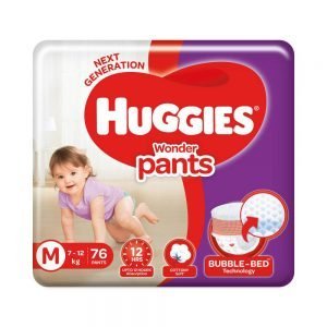 Huggies Wonder Pants diaper pack featuring bubble-bed technology, suitable for babies weighing 7-12 kg, with 76 diapers, up to 12 hours absorption, soft cottony material, and next generation design.