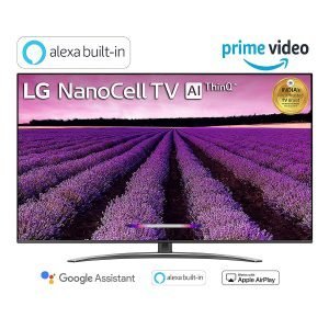 LG NanoCell TV with AI ThinQ, built-in Alexa, and Google Assistant, featuring Prime Video compatibility, sleek design, and vibrant color display for an immersive viewing experience.