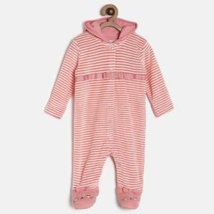 Pink and white striped baby onesie with hood, cozy and perfect for cold weather, available during Sale is Live event.