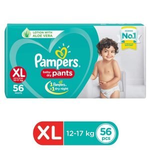 Soft-hugging pampers baby dry XXL adult baby diapers with aloe vera, 56 pcs, ideal for extra-large weight 12-17 kg, perfect for overnight comfort.