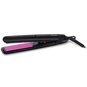 Ceramic flat iron hair straightener with fast heating, adjustable temperature, and sleek black and pink design for salon-quality styling at home.