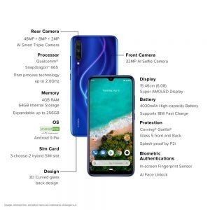 48MP rear camera with AI smart triple lens, Snapdragon 665 processor, 4GB RAM, 64GB storage, 15.46cm Super AMOLED display, 32MP front camera, 4030mAh battery, Android 9 Pie, biometric authentication, and sleek 3D curved glass back.