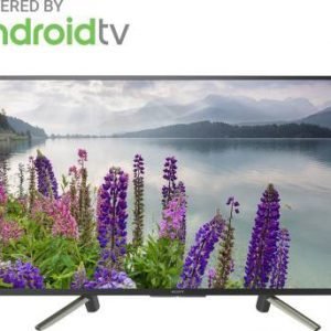 Vibrant purple and pink flowers by a serene lake with mountains in the background, showcasing a high-definition LED smart TV with Android TV powered by Sale is Live for optimal streaming experience.