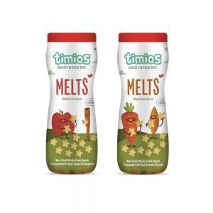 Fresh Timios Melts whole grain snack packaging featuring animated apple, carrot, and pasta characters with star-shaped cereal pieces, emphasizing natural ingredients and healthy, kid-friendly snack options.