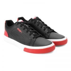 Black and red Puma sneakers, stylish athletic shoes for casual wear and sports activities. Perfect for fashionable and comfortable footwear options.