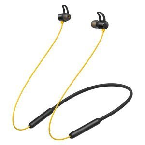 Wireless sports earphones with yellow and black design, neckband style, ideal for active workouts and outdoor activities. Compatible with smartphones for premium sound quality.