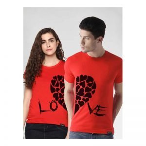 Love heart graphic t-shirt for couples, ideal for romantic occasions, featured in vibrant red with black heart design spelling out "LOVE". Perfect for expressing affection and celebrating love through stylish apparel.