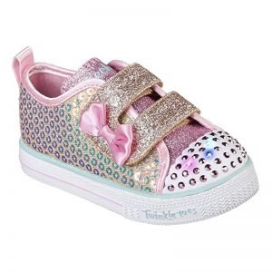 Bright pastel children’s sneaker with glitter, rhinestones, and cute pink satin bow, perfect for toddlers. Features colorful design elements and comfortable rubber sole, ideal for kids' active wear.