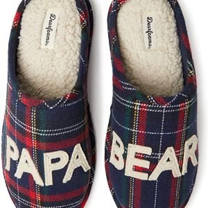 Plaid slippers with "PAPA BEAR" embroidered, cozy fleece lining, perfect for family comfort and holiday gifting.