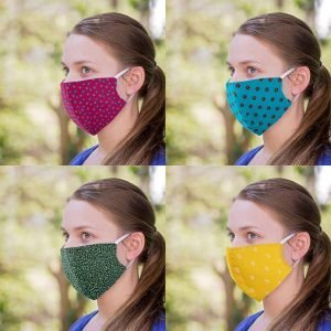 Cloth face masks with colorful patterns in pink, blue, green, and yellow, designed for health protection and fashionable accessory during the sale event.