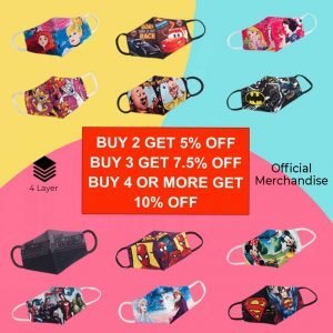 Kids' cartoon and superhero face masks featuring popular characters, promoting safety and style during sales. Bright, colorful designs perfect for children who love superheroes and animated movies.