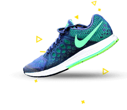 Athletic running shoe in blue and green colors with Nike swoosh, ideal for sports and fitness.