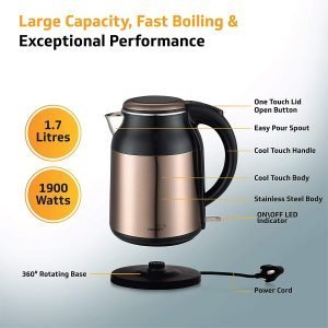Efficient stainless steel electric kettle with 1.7L capacity and 1900W power, featuring a cool touch handle, one-touch lid open, and 360° rotating base for fast boiling and easy pouring.
