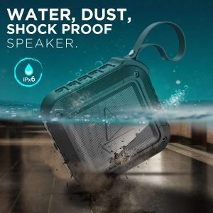Waterproof Bluetooth speaker demonstrating resistance to water, dust, and shock, ideal for outdoor use. Features IPx6 waterproof rating for durable, portable audio during active or rugged environments.