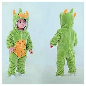 Adorable green dinosaur baby costume with hood, scales, and tail for Halloween or costumes, perfect for kids' dressing up or themed parties.