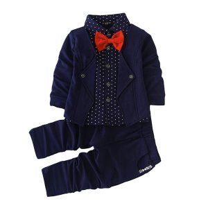 Navy blue children's formal suit with polka dot shirt and red bow tie, perfect for special occasions or events. Stylish, comfortable, and ideal for young boys.
