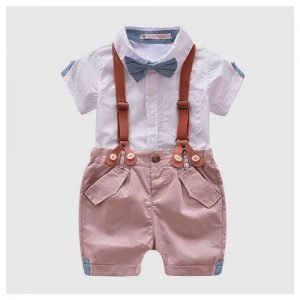 Hopscotch Boys Cotton Half Sleeves Shirt and Suspender Style Shorts Sets in white and brown Colour