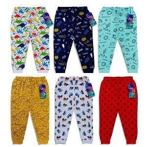 Colorful children's pajama pants featuring playful dinosaur, sun, themed, sports, travel, doodle, robot, and anchor patterns for comfortable sleepwear. Perfect for kids' casual and lounge wear.