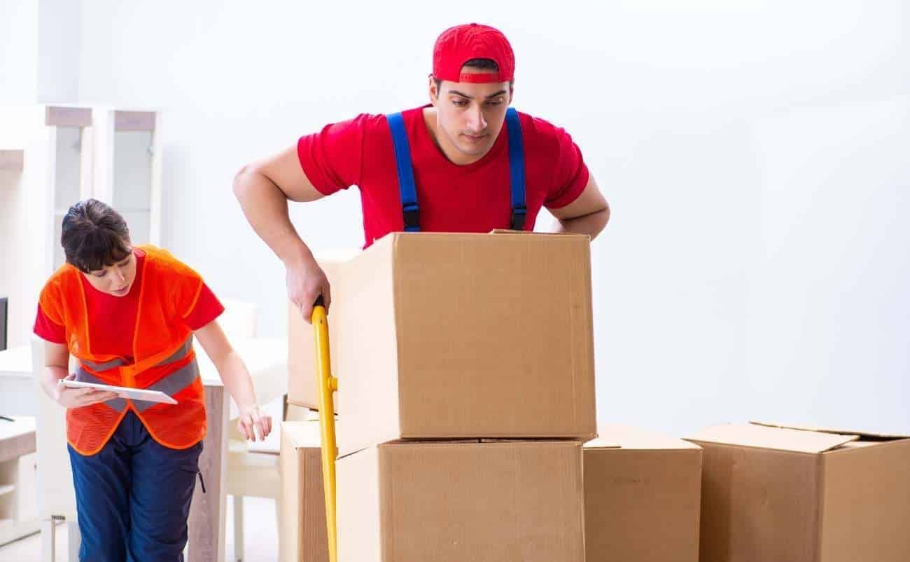 Moving man lifting cardboard box during sale event with staff, promotional sale, fast shipping, online shopping, sale is live, warehouse clearance, discounted prices, retail event, logistics operation.