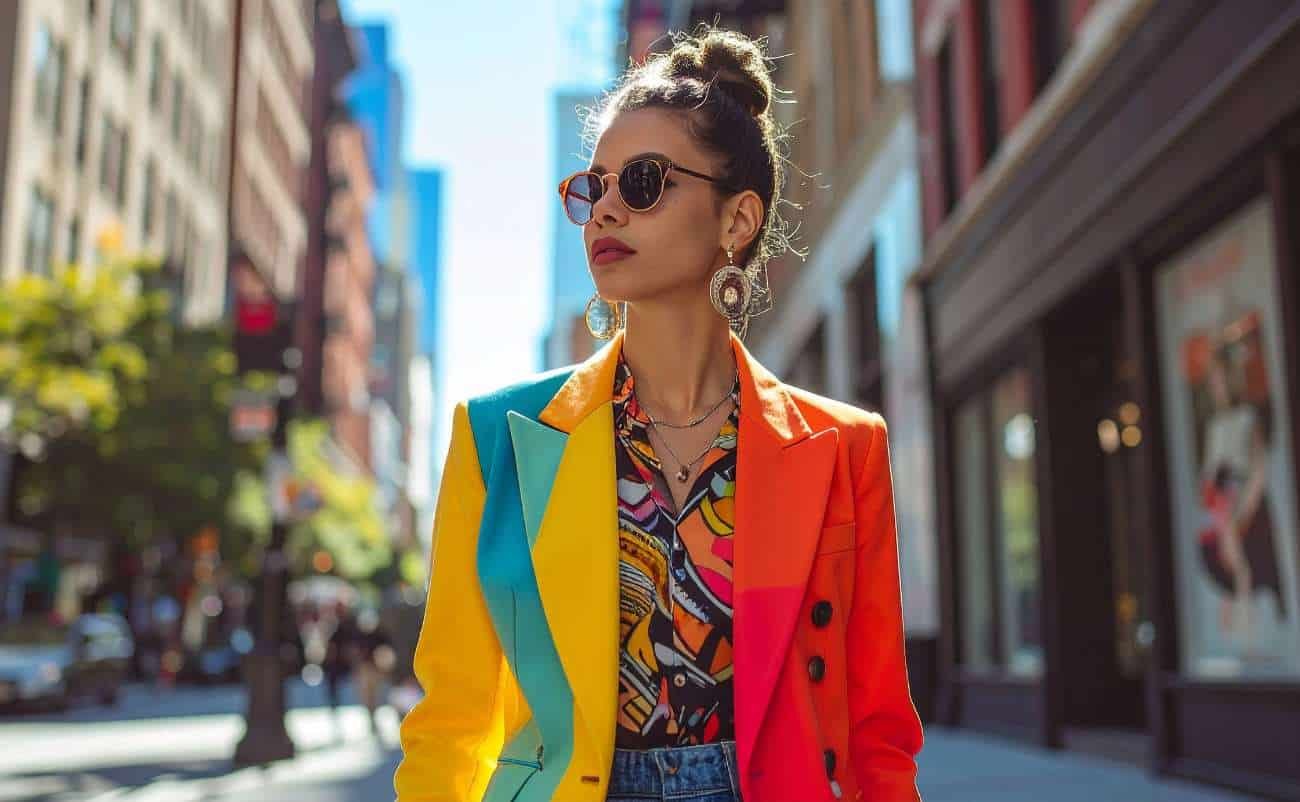 Vibrant woman in colorful blazer walking in city street during sale event, fashion-forward, stylish, trendy, urban shopping look, sale is live.