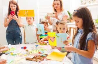 Colorful kids crafting activity at table with arts and crafts supplies, children and adults making handmade cards and decorations, indoor craft session, family fun, creative DIY project, kids' art workshop, Sale is Live.