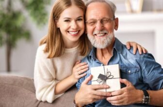 Happy elderly man receiving gift from smiling young woman during Sale is Live event, showcasing joyful shopping and special offers.