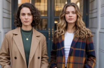 Stylish women wearing fashionable coats standing outdoors in front of a building for sale shopping event.
