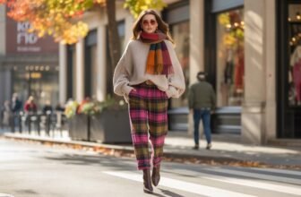 Plaid pants and cozy sweater outfit in fall city street, stylish autumn fashion, women's fall clothing trends, casual chic street style, seasonal shopping sale.