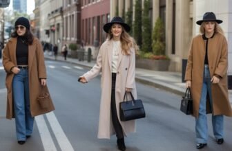 Stylish women in fall fashion walking on city street, wearing trench coats, wide-brim hats, and sunglasses, showcasing urban chic and seasonal apparel.