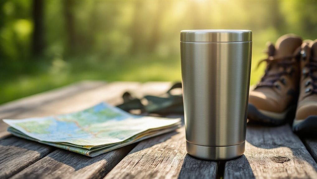 Stainless steel travel tumbler on wooden outdoor table with hiking boots and map, perfect for camping, hiking, and outdoor adventures - saleislive offers great deals.