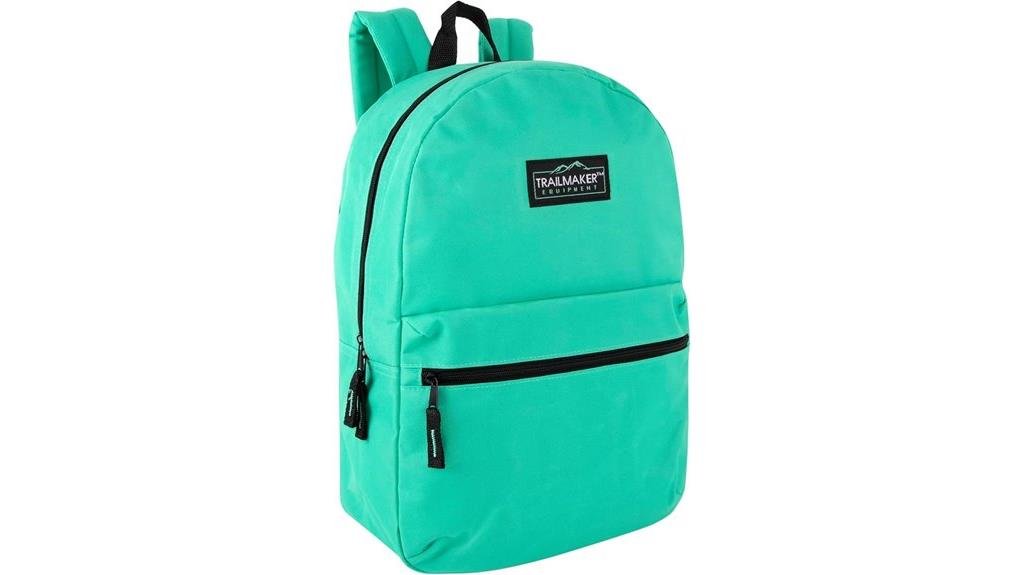 Bright turquoise backpack with black zipper details, featuring the Trailmaker Equipment logo, ideal for outdoor adventures and daily use. Perfect for travelers, students, and hiking enthusiasts.