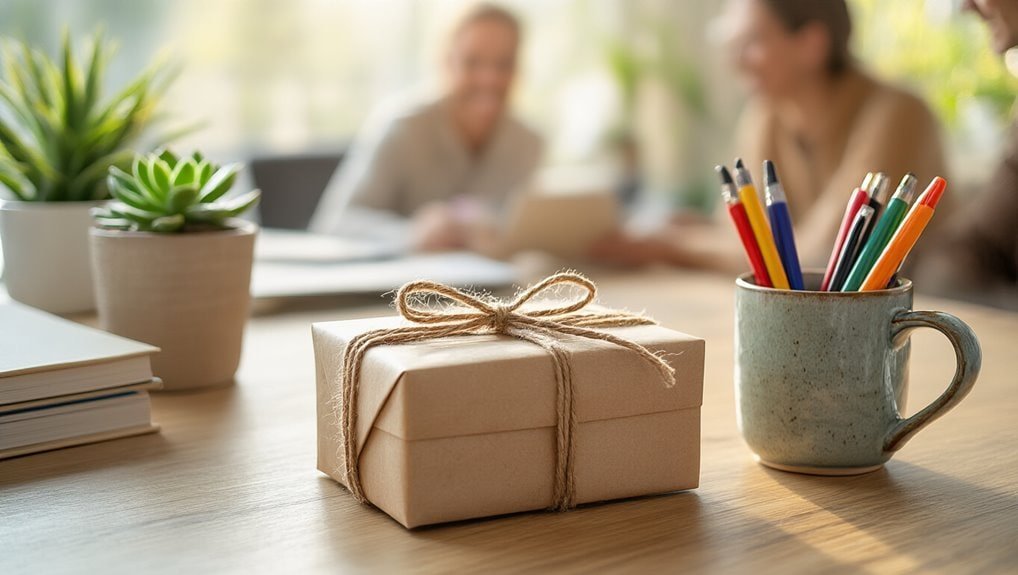 Elegant office workspace with a wrapped gift box, colorful pens in a mug, and potted plants during a lively sale event. Perfect for highlighting online sale promotions and discounts for busy professionals.