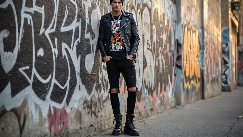 Leather jacket street style fashion for edgy urban look with ripped jeans and combat boots, perfect for trendy streetwear enthusiasts. Sale is Live offering stylish, affordable clothing options for a bold fashion statement.