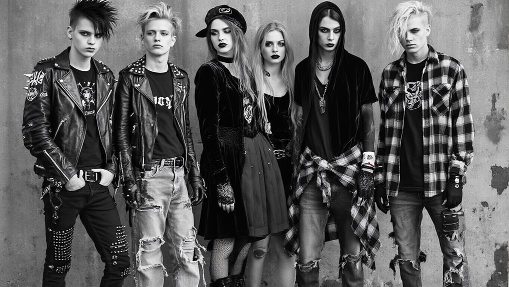 Edgy alternative fashion styles promoting Sale is Live discount shopping, featuring rebellious youth, punk-inspired clothing, and distressed denim with a rock-inspired aesthetic.