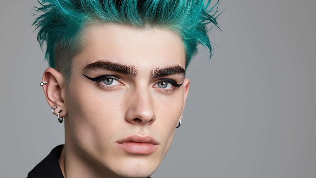 Bright teal hair, bold eye makeup, and silver earrings showcase edgy style; perfect for fashion-forward individuals seeking latest trendy looks.