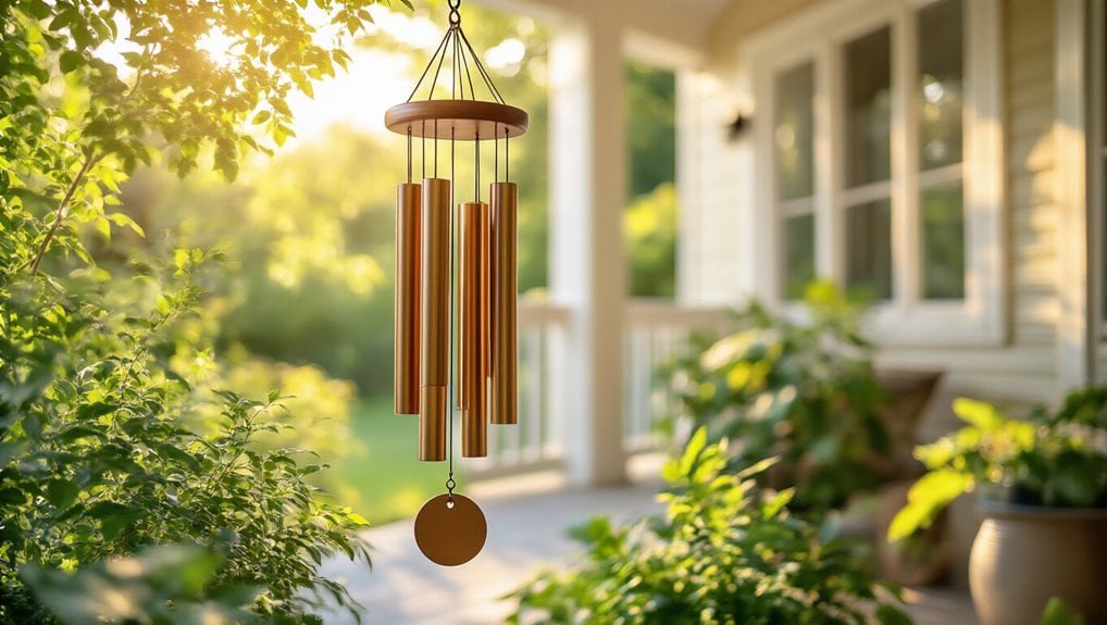 Polished copper wind chimes hanging outdoors on a porch during golden hour, creating a soothing and decorative garden feature. Perfect for enhancing outdoor spaces with elegant, calming sounds.