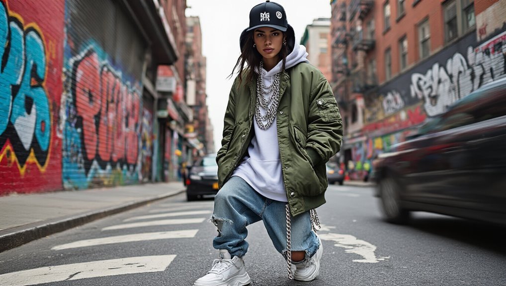 Urban street fashion featuring a young woman in trendy casual wear with graffiti background, emphasizing bold style, streetwear look, and urban fashion for sale.