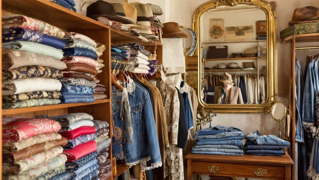 Luxurious vintage clothing store with neatly folded and hanging denim, jackets, and accessories in a cozy boutique setting. Perfect for shoppers seeking quality fashion and unique finds.