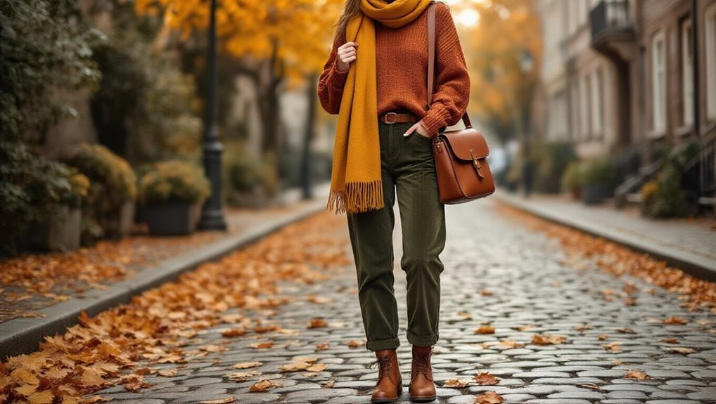 Vivid fall fashion featuring a woman in stylish autumn coat, cozy scarf, boots, and handbag on cobblestone street with colorful fallen leaves, perfect for fall shopping deals.
