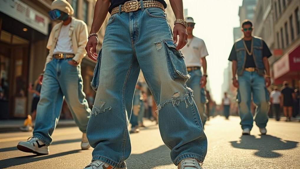 Fashion-forward street style featuring ripped denim jeans and trendy accessories at a busy urban shopping district. Perfect for showcasing casual and stylish outfits for sale.