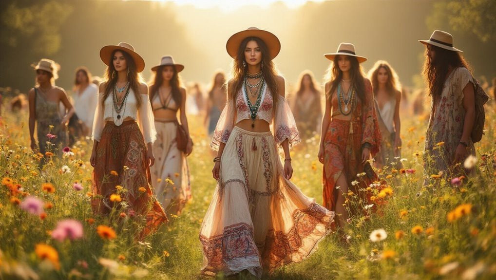 Bohemian women in floral dresses and wide-brimmed hats enjoying a sunny outdoor sale event, showcasing a vibrant summer fashion sale at Sale is Live.