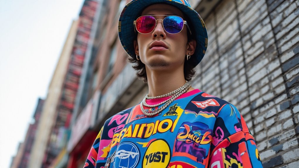 Vibrant streetwear fashion model featuring bold graphic designs, colorful accessories, and sunglasses, showcasing trendy urban apparel perfect for fashion-forward individuals and street style enthusiasts.