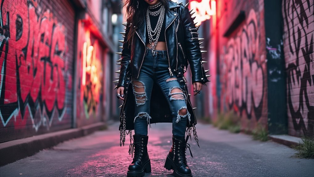 Leather jacket with spikes and ripped jeans in an urban graffiti alley for edgy street fashion.