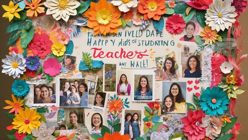 Vibrant paper flower collage celebrating teachers, students, and joyful moments with colorful blooms and heartfelt notes, perfect for honoring educators and celebrating student achievements.