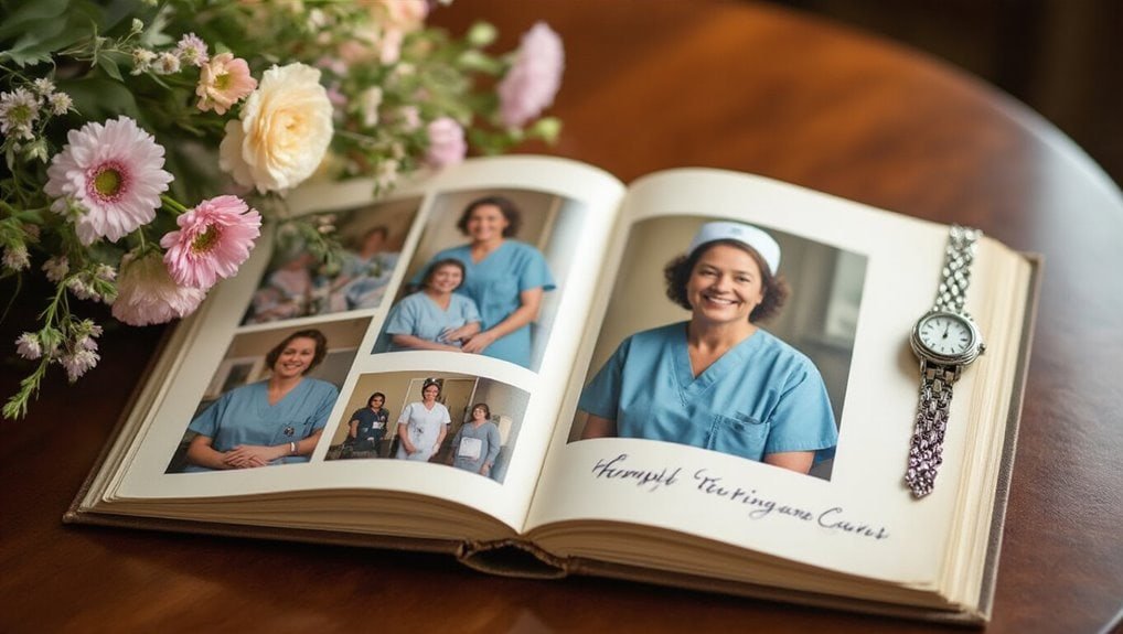 Vintage nursing staff photo album with healthcare worker images, accompanied by a silver wristwatch and flowers, showcasing a heartfelt tribute to medical professionals and their dedication.
