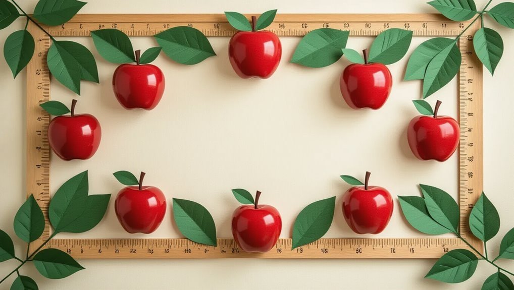 Red apple-shaped decor with green leaves, arranged in a rectangular frame with rulers on a beige background, symbolizing sale and freshness.
