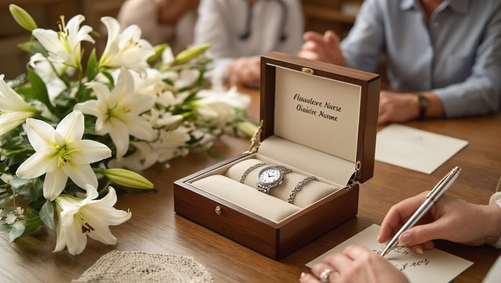 Elegant watch and jewelry gift box on a wooden table with a bouquet of white lilies for special occasions and celebrations.