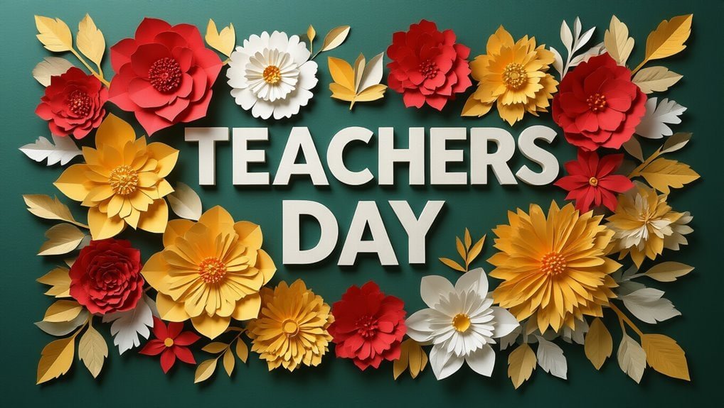 Colorful paper flowers surrounding "Teachers Day" celebration sign on a green background for Teacher Appreciation and Education Holiday.
